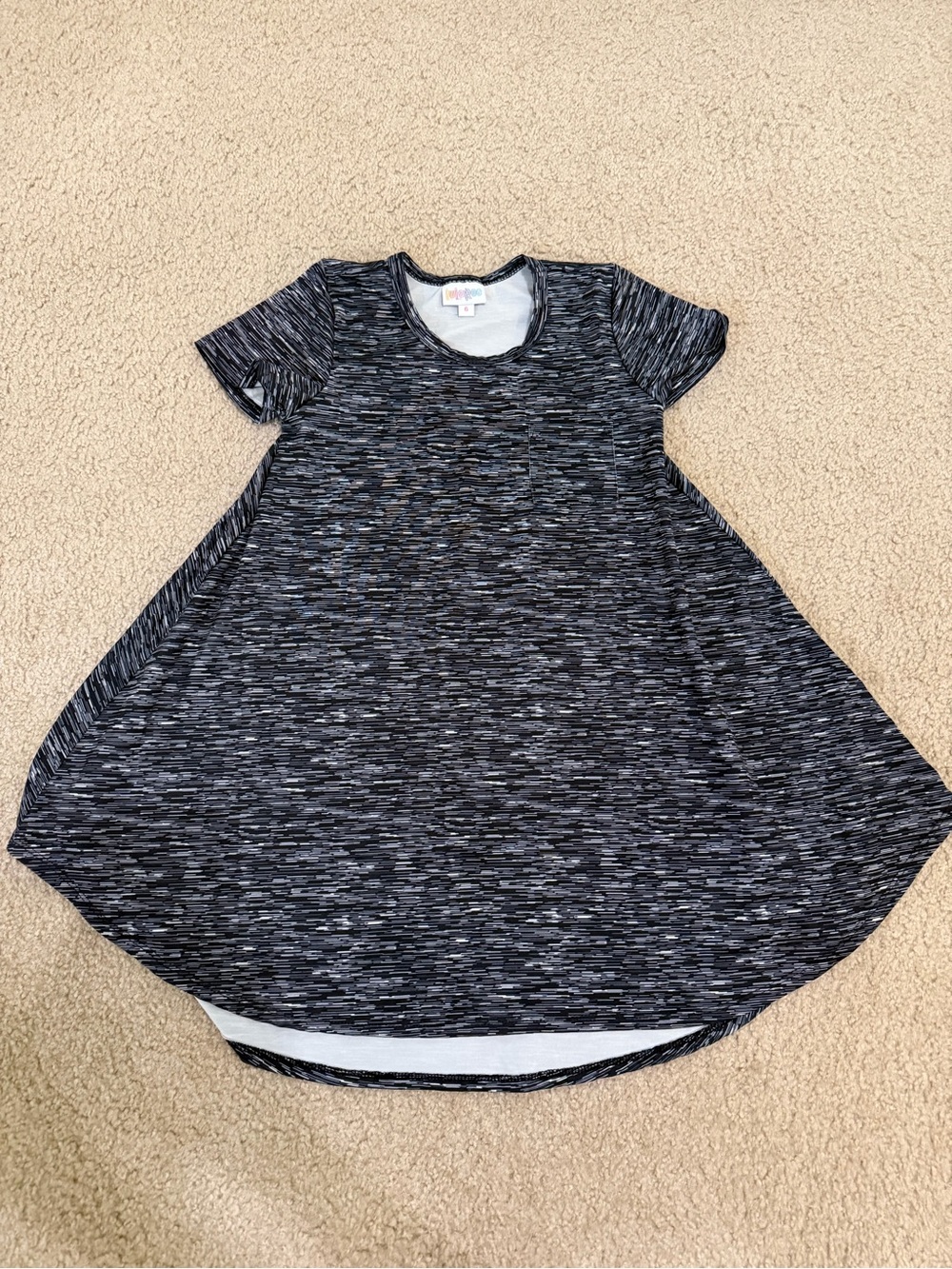 LuLaRoe Mae Swing Dress Girls Size 6 Black Gray Pocket High Low Hem